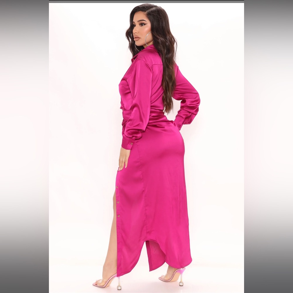 Satin Maxi Shirt Dress - Magenta